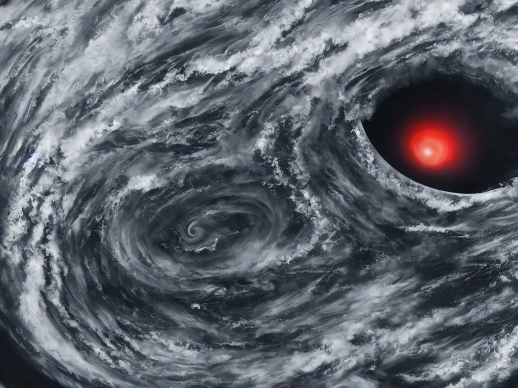 Image similar to the eye of sauron in the middle of a hurricane seen from space, digital painting, trending on artstation, deviantart, 8k, epic composition, intrinsic details, perfect coherence