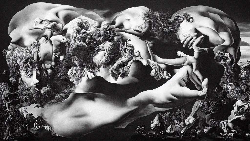 Image similar to the newest masterpiece of salvador dali inspired by dan hillier, it is called ; the creation of adam
