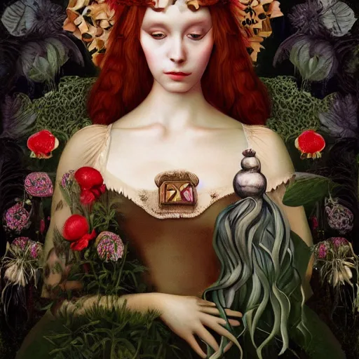 Image similar to a detailed portrait of young woman in renaissance dress and a surreal renaissance headdress, very surreal garden, cyberpunk, surreal tea party, strange creatures, by christian schloe and botticelli, naotto hattori, amy sol, roger dean, moody colors