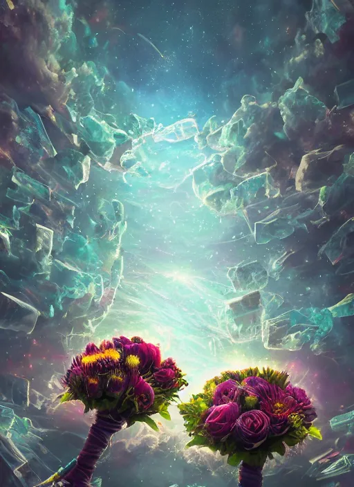 Image similar to An epic fantastic realism comic book style painting of the most beautiful entwined flowers launched across the dark galactic night sky, nebulous bouquets, fisheye lens, unreal 5, DAZ, hyperrealistic, octane render, dynamic lighting