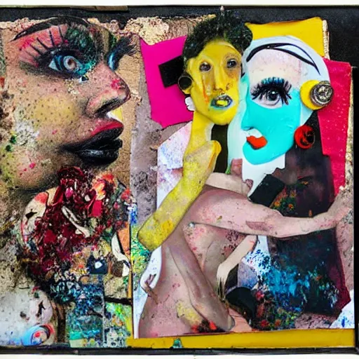 Prompt: two women kissing at a carnival in your worst nightmares, mixed media collage, retro, paper collage, magazine collage, acrylic paint splatters, bauhaus, abstract claymation, layered paper art, sapphic visual poetry expressing the utmost of desires by jackson pollock