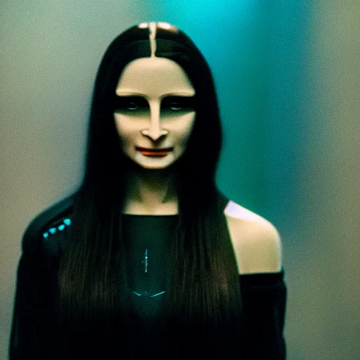 Image similar to cinematic movie still of cybernetic character named Mona Lisa in Neuromancer, futuristic eye implant, cyberpunk, XF IQ4, 150MP, 50mm, F1.4, ISO 200, 1/160s, twilight in the city