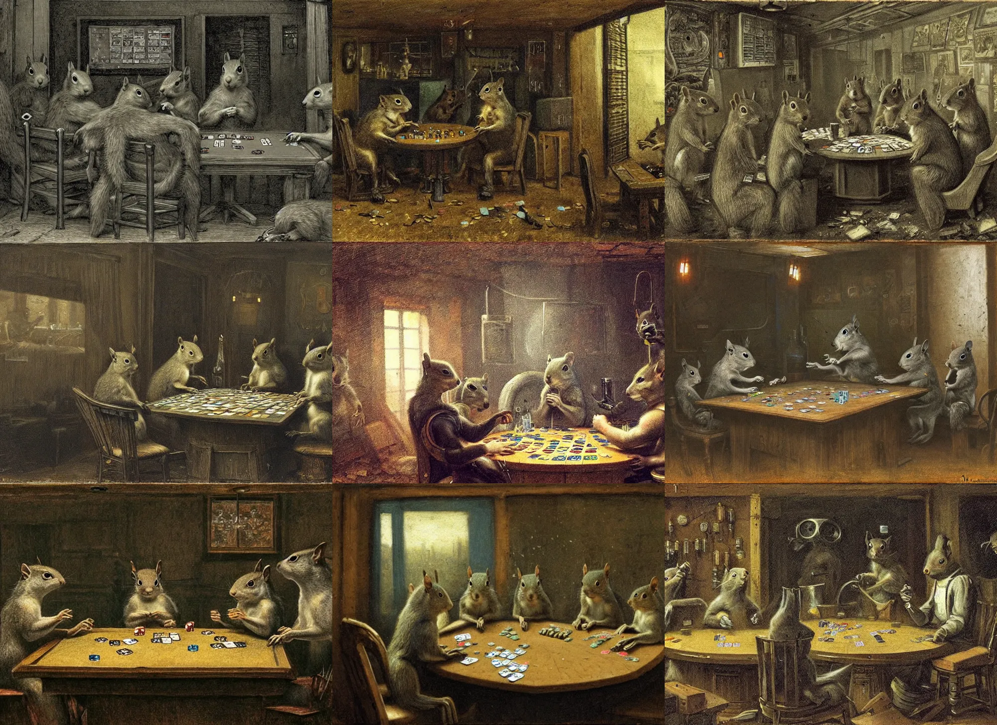 Prompt: gray squirrels playing poker inside a cyberpunk bar in the style of jean - francois millet.