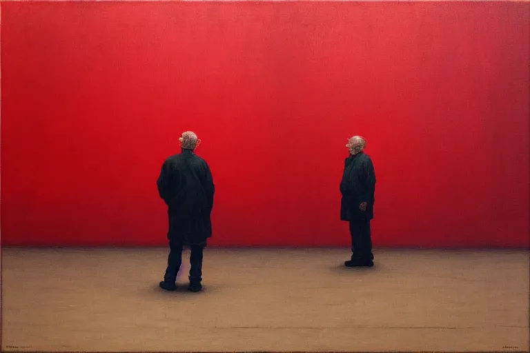 Image similar to only with red, a red old man try to sell a portrait, in a square, crowd cheering, in the style of beksinski, parts by edward hopper, parts by rodcenko, parts by yue minjun, intricate and epic composition, red by caravaggio, insanely quality, highly detailed, masterpiece, red light, artstation, 4 k