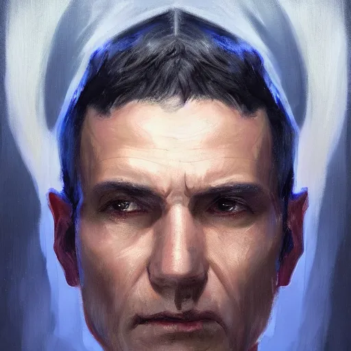 Image similar to portrait of a man by greg rutkowski, great admiral thrawn from star wars, blue skin, short black hair in military style, tall, star wars expanded, universe, he is about 5 0 years old, wearing white colored imperial admiral uniform, artstation hq