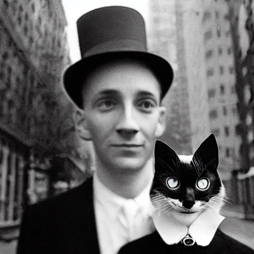 Image similar to futuristic time traveller with cat companion on his shoulder, in 1 9 3 0 s new york, shot on old film, black and white