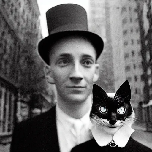 Prompt: futuristic time traveller with cat companion on his shoulder, in 1 9 3 0 s new york, shot on old film, black and white