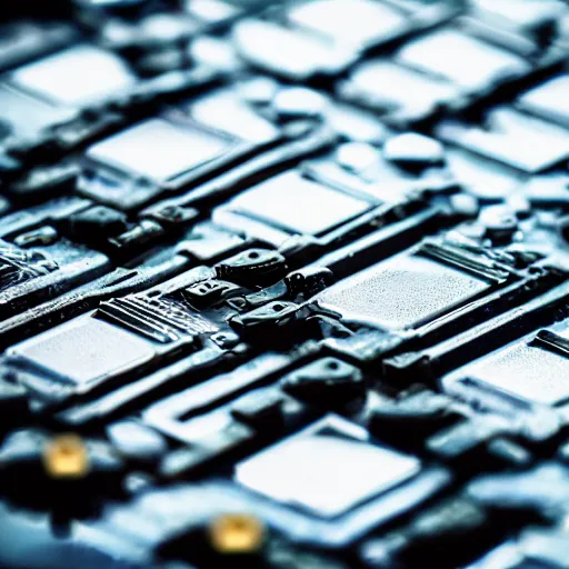 Prompt: macro photograph of a computer motherboard encased in a block of ice