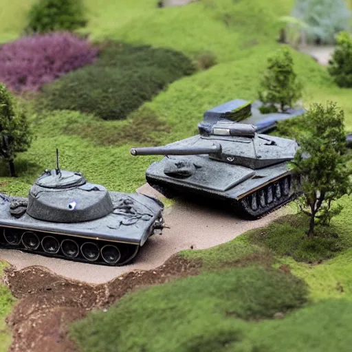 Prompt: 1/35 scale model tanks sieging a tiny city in a garden, 8k, award winning photo, scale model photography,