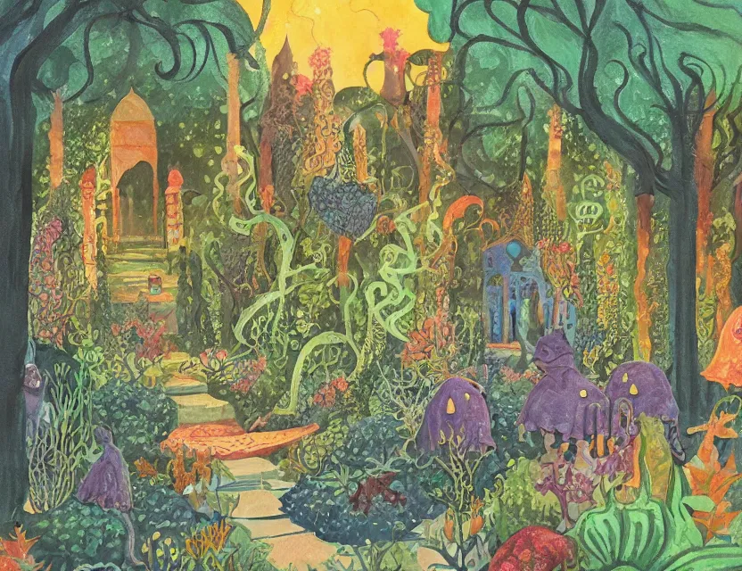 Prompt: lovecraftian persian palace garden. this gouache painting by the beloved children's book illustrator has dramatic lighting, an interesting color scheme and great sense of depth.