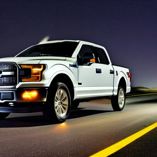 Image similar to ford f - 1 5 0 tailgating a car on the highway with the highbeams on, nighttime, photo, detailed