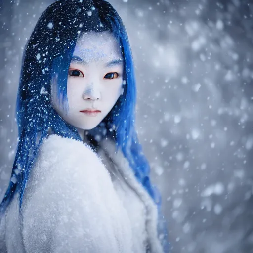 Image similar to the piercing stare of yuki onna, snowstorm, blizzard, mountain snow, canon eos r 6, bokeh, outline glow, asymmetric beauty, blue skin