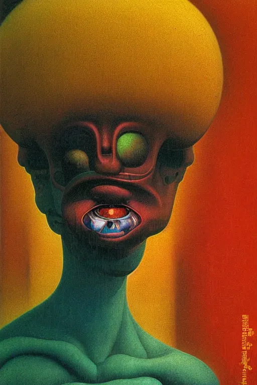 Image similar to 8 0 s art deco close up portait of mushroom head with big mouth surrounded by spheres, rain like a dream oil painting curvalinear clothing cinematic dramatic cyberpunk fluid lines otherworldly vaporwave interesting details epic composition by basquiat zdzisław beksinski james jean artgerm rutkowski moebius francis bacon gustav klimt