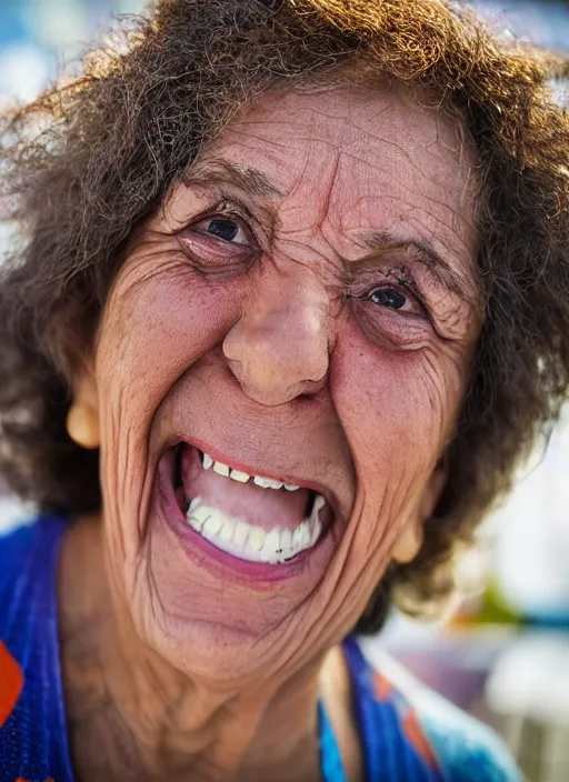 Image similar to Mid-shot portrait of a 65-year-old woman from Cyprus, happy, smiling, strong blue and orange colors, candid street portrait in the style of Martin Schoeller award winning, Sony a7R
