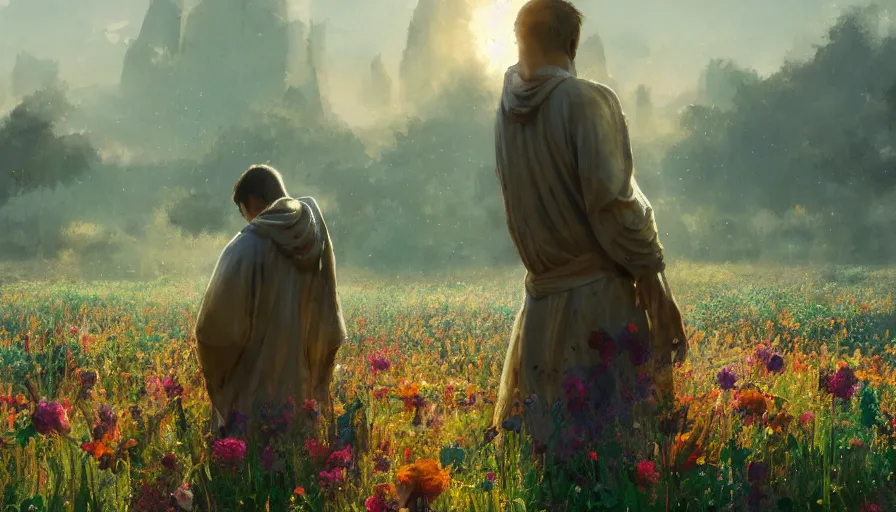 Prompt: craig mullins digital illustration of a man in robes kneels and prays in a field of flowers, the sun's holy light shines down upon him, colorful, solarpunk, unreal engine, hyper realism, realistic shading, cinematic composition, realistic render, octane render, detailed textures, photorealistic, wide shot