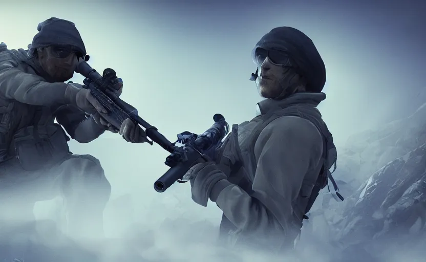 Image similar to a blind sniper, digital art, game cinematic, epic composition, moonlit, blue rimlighting, high fov