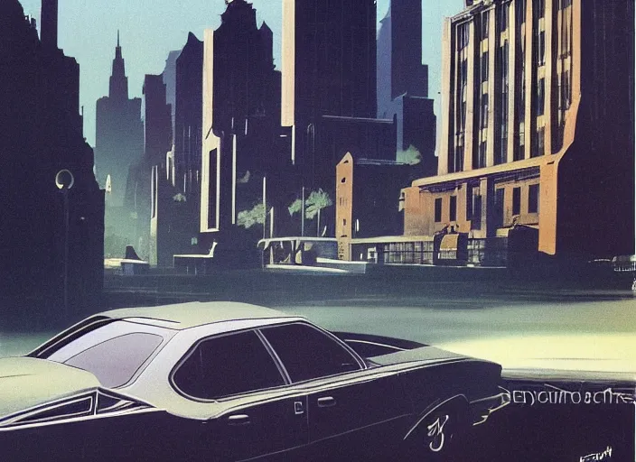 Prompt: a sedan car in a city. style by frank frazetta, peter elson, and eyvind earle.