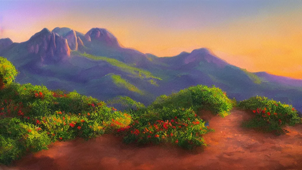Prompt: High-Quality realist painting of Montserrat Mountain at dawn, peaceful, very detailed, digital art.