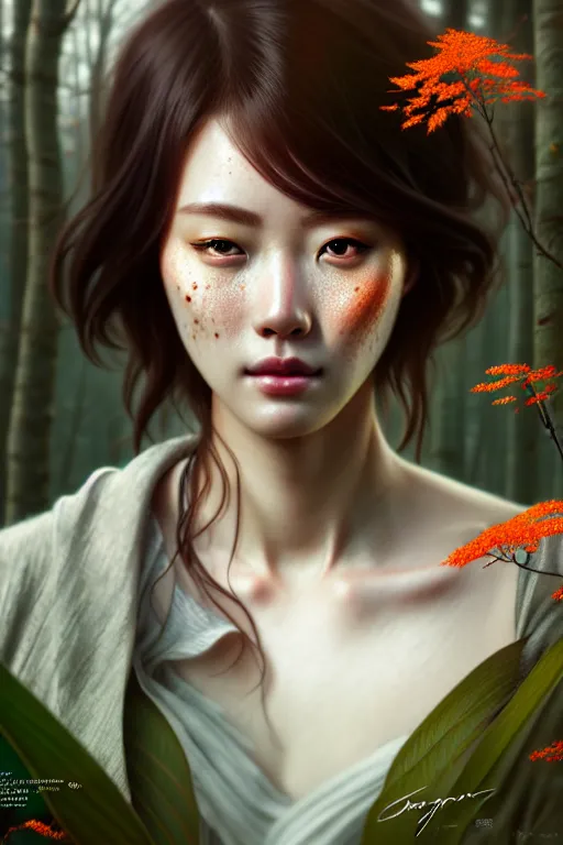 Image similar to beautiful digital painting of a hoyeon jung stylish female forest with high detail, real life skin, freckles, 8 k, stunning detail, works by artgerm, greg rutkowski and alphonse mucha, unreal engine 5, 4 k uhd