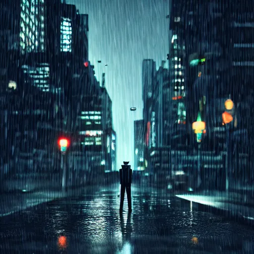 Prompt: joker walking in the rain, night life buildings, accompanied by small puppy dog in the background walking, sad mood, low angle, realistic, intricate, detailed, 4 k, 8 k, wallpaper, octane render, unreal engine, global illumination, ray tracing,