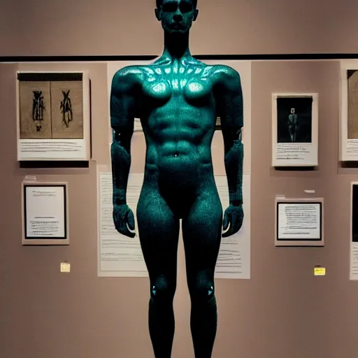 Image similar to a realistic detailed photo of a guy who is an attractive humanoid who is half robot and half humanoid, who is a male android, twitch streamer ninja tyler blevin, shiny skin, posing like a statue, blank stare, at the museum, on display