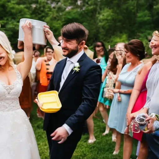 Prompt: a man brings a tupperware of macaroni to a wedding