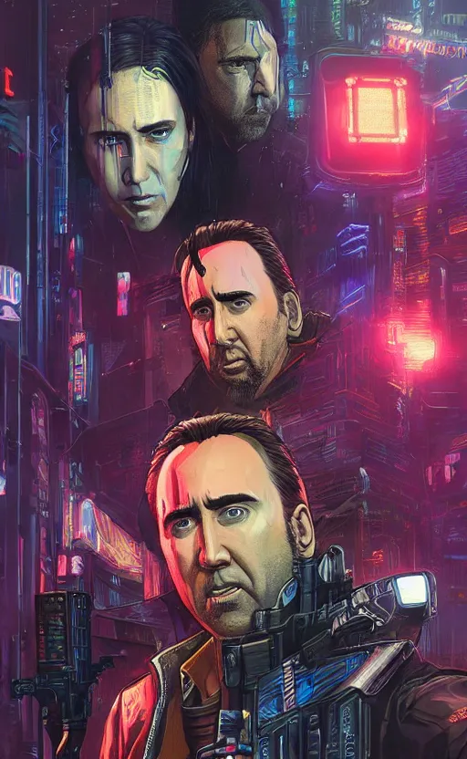 Prompt: nicolas cage in cyberpunk 2077. Cinematic, hyper realism, realistic proportions, dramatic lighting, high detail 4k. Concept art by James Gurney and Laurie Greasley. ArtstationHQ. Creative character design for cyberpunk 2077.