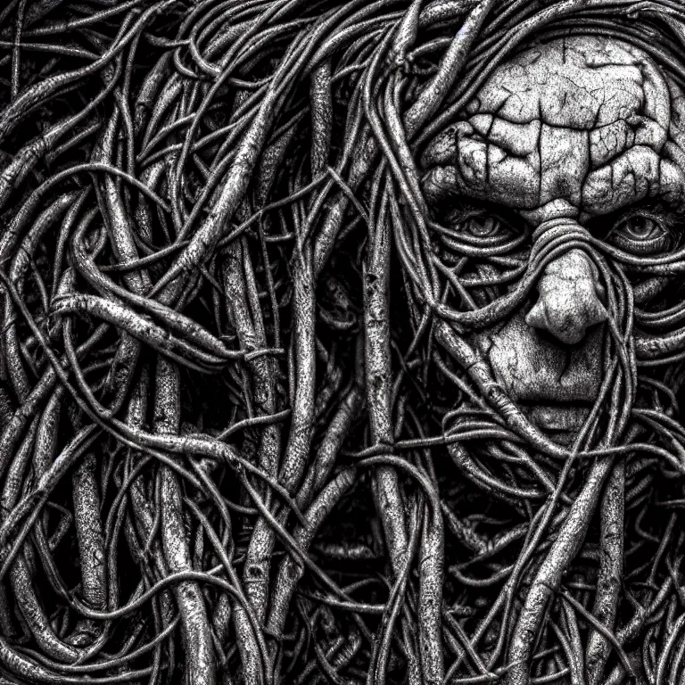 Image similar to still life of ribbed closeup face man portrait, covered with roots, wires, tubes, standing in a desolate empty wasteland, creepy, nightmare, dream-like heavy atmosphere, surreal abandoned buildings, baroque painting, beautiful detailed intricate insanely detailed octane render trending on Artstation, 8K artistic photography, photorealistic, chiaroscuro, Raphael, Caravaggio, Beksinski, Giger