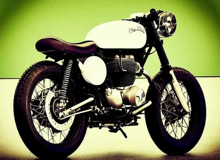 Prompt: “ vintage classic motorcycle cafe racer scrambler, designed by dieter rams and chris foss and syd mead ”