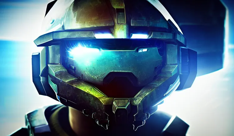 Image similar to cyberpunk halo helmet on space, planet behind, close shot, reflection, epic, dramatic, cinematic, award winning, ultra detailed, realistic, 8k,