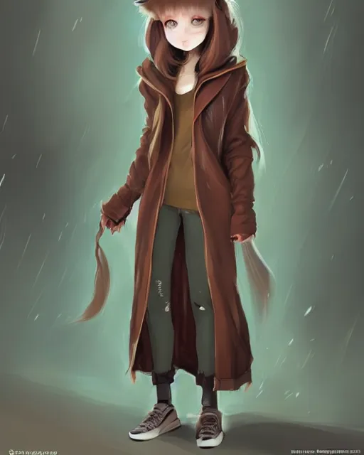 Prompt: concept art for a creature monster girl, wearing a brown coat over a hoodie, standing in a lo - fi dorm | | cute - fine - fine details by stanley artgerm lau, wlop, rossdraws, and sakimichan, trending on artstation, brush strokes