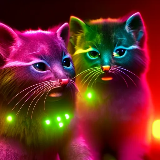 Image similar to iridescent kittens cyperpunk 2 0 7 7 fluorescent, unreal engine 5, 8 k ultra realistic, hyperdetailed, volumetric lighting, extremely high quality