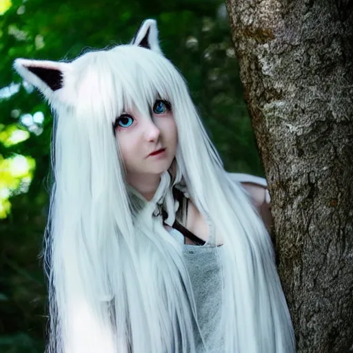 Image similar to a cute white long haired anime foxgirl in a forest