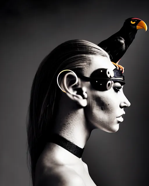 Image similar to a profile portrait, a stunning young woman - cyborg with a mutant crow head, editorial photography, bw, by roman sustov, shot on 7 0 mm, depth of field, f / 2. 8, high contrast, 1 6 k, volumetric lighting, shiny, insanely detailed and intricate, hypermaximalist, elegant, ornate, hyper realistic, super detailed