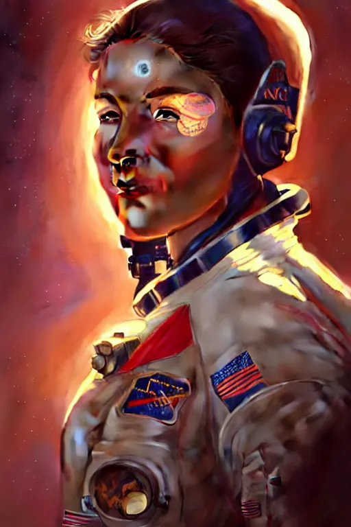 Prompt: beautiful portrait of a female astronaut on mars, face painting, dramatic lighting, intricate, wild, highly detailed, digital painting, artstation, concept art, smooth, sharp focus, illustration, art by artgerm and greg rutkowski and alphonse mucha, footage from space camera