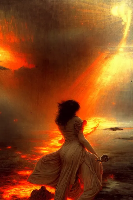 Prompt: the devil in the details, illustration, chaotic, sexy, desire, mist, Phobos, opalescent nuclear explosion background, disintegration, volumetric lighting, soft lighting, soft details, painting oil on canvas by Edmund Blair Leighton and John William Waterhouse octane render, HDR, trending on artstation, 4k, 8k, HD