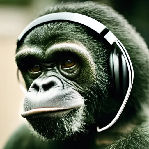 Image similar to a photo of a green chimp wearing headphones