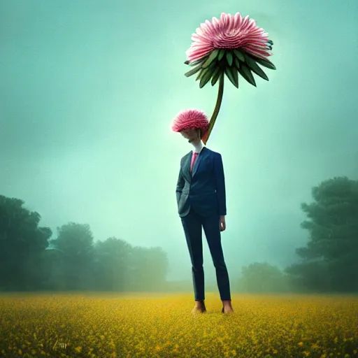 Image similar to giant daisy flower head, portrait, a girl in a suit, surreal photography, sunrise, dramatic light, impressionist painting, digital painting, artstation, simon stalenhag