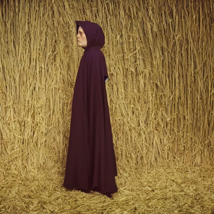 Prompt: a woman wearing a cloak made of grass, in a taco bell, color photograph, by vincent desiderio, canon eos c 3 0 0, ƒ 1. 8, 3 5 mm, 8 k, medium - format print