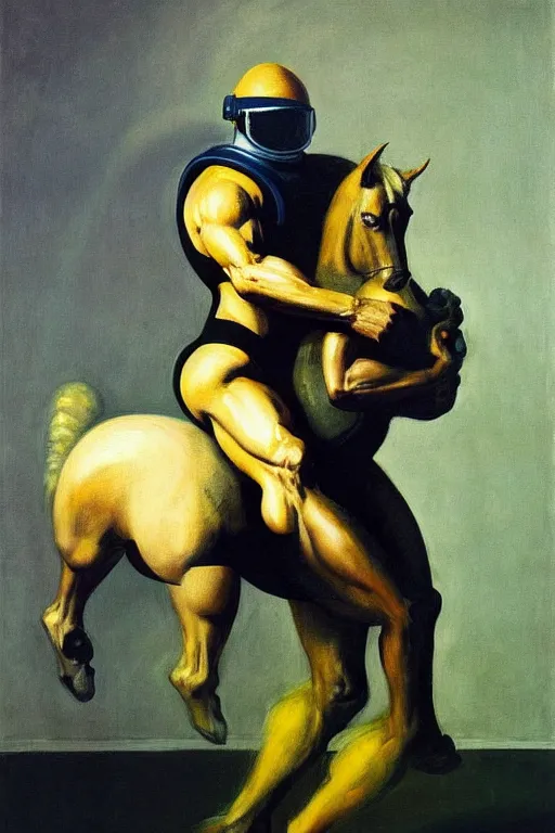 Prompt: astronaut bodybuilder carries a horse in his hands, hauntingly surreal, highly detailed painting by francis bacon, edward hopper, adrian ghenie, gerhard richter, and james jean soft light 4 k,
