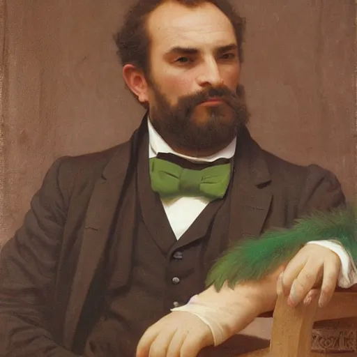 Prompt: detailed portrait painting of a green-skinned gentleman orc wearing brown tuxedo by William-Adolphe Bouguereau