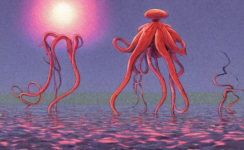 Image similar to a realistic cell - shaded studio ghibli concept art from paprika ( 2 0 0 6 ) of a flying multi - colored octopus from close encounters of the third kind ( 1 9 7 7 ) in a flooded stonehenge on a misty starry night. very dull colors, wide shot, hd, 4 k, hq