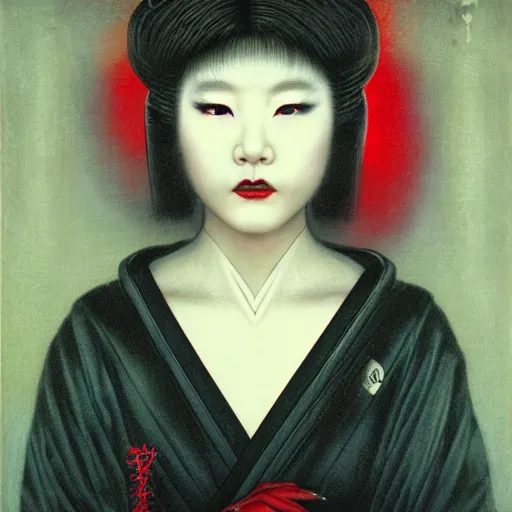 Prompt: portrait of a geisha monster with red glowing eyes, dark, moody, foggy, by Chie Yoshii and Sean Yoro