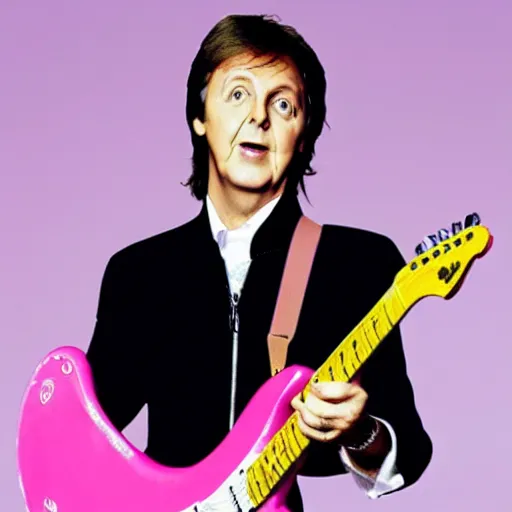 Image similar to Paul McCartney playing a Pink Squier Hello Kitty Stratocaster, 8k, high definition, highly detailed, photo-realistic