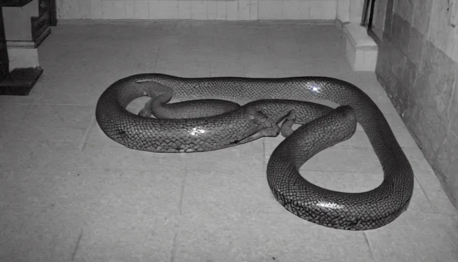 Image similar to a big snake in a stalinist style kitchen, by mini dv camera, very very low quality, heavy grain, very blurry, accidental flash, webcam footage, found footage, security cam, caught on trail cam