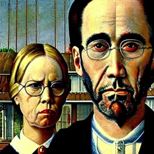 Prompt: american gothic painting with nicolas cage