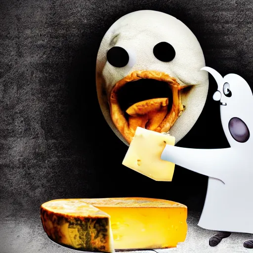 Prompt: a ghost eating cheese that is scaring them photo crazy cinematic