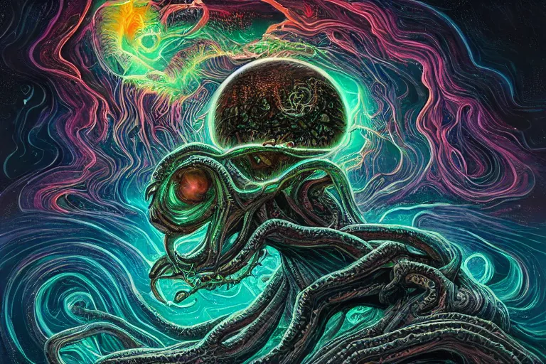 Image similar to a giant skull and flesh creature with deep and intricate rune carvings and glowing eyes and twisting lovecraftian tentacles emerging from a space nebula by dan mumford, twirling smoke trail, a twisting vortex of dying galaxies, digital art, photorealistic, vivid colors, highly detailed, intricate