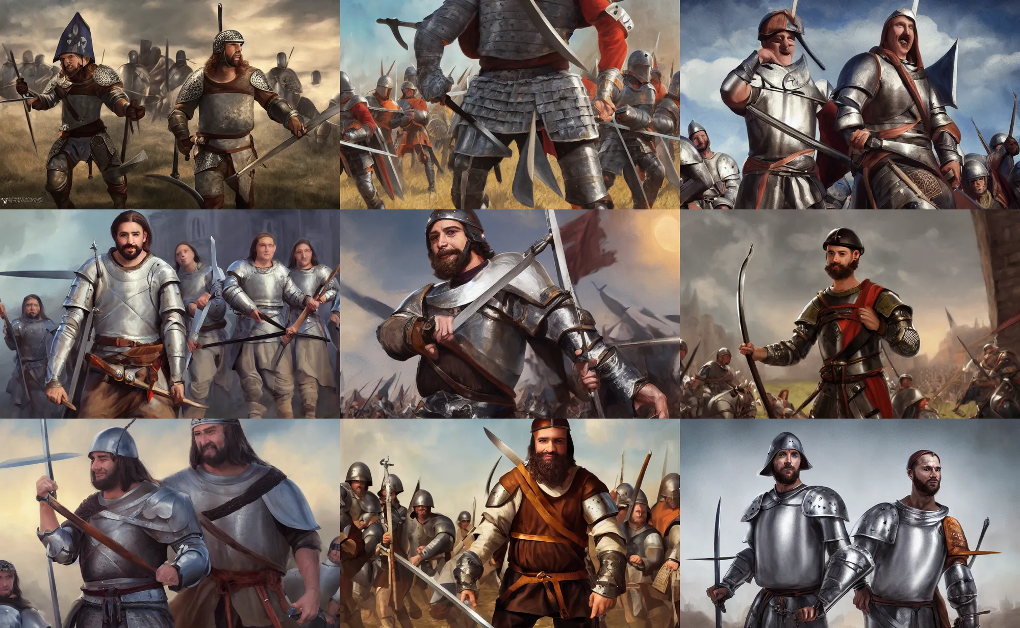 Prompt: cinematic artwork of a random twitch streamer wearing a t - shirt and pants in front of a medieval army, holding a sword with a slight smile on his face by greg rutowski, 4 k, masterpiece