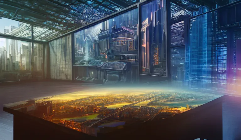 Image similar to group of people in simple warehouse, looking at hologram of futuristic city on a table, cinematic concept art, godrays, golden hour, natural sunlight, 4 k, clear details, tabletop model buildings, center model buildings, hologram center, crane shot, crane shot, crane shot